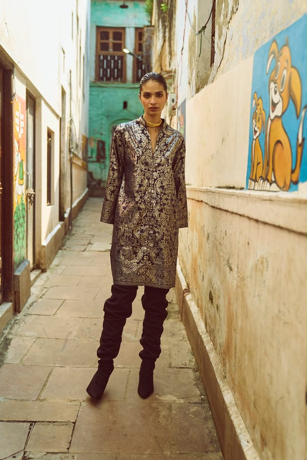 Navy Silver Foil Print A-Line Shirt Dress — Dash and Dot