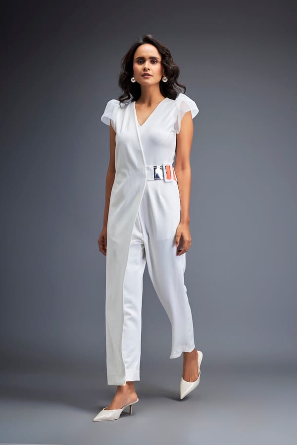 Jumpsuit with Tulle Shoulders and Neon Belt — Deepika Arora