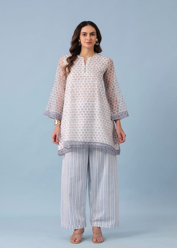 Bell Sleeve Short Kurta Set - Blue /White — Ratan Jaipur