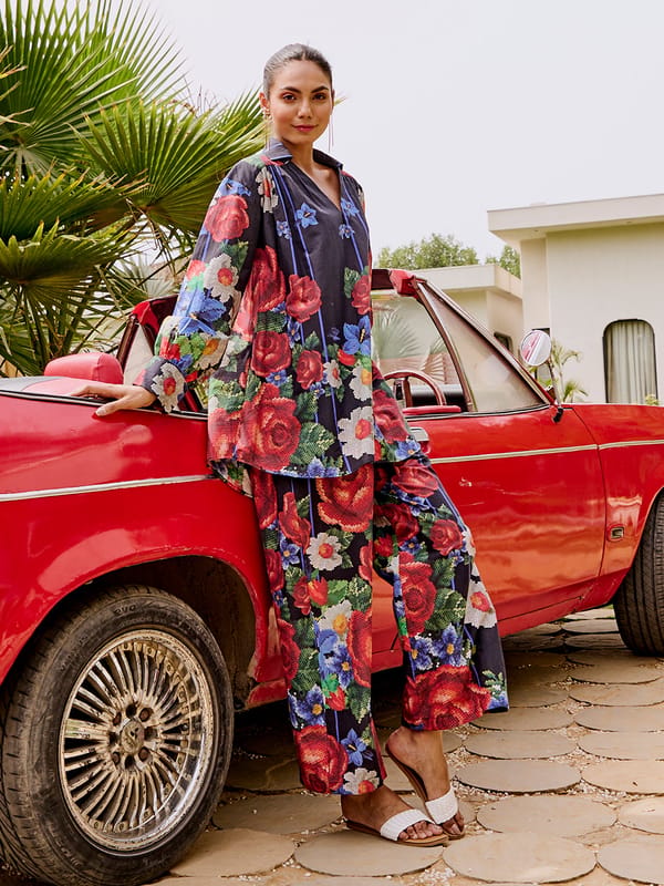 Black Floral Cotton Tunic and Straight Pants Co-ord Set — HOUSE OF FETT