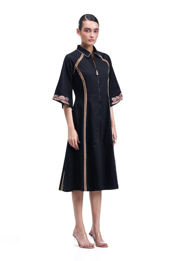 Black Cotton Satin Zip-Front Fit and Flare Midi Dress — Our Love