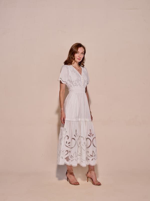 White Cotton Tiered Midi Dress with Cutwork — Style Island