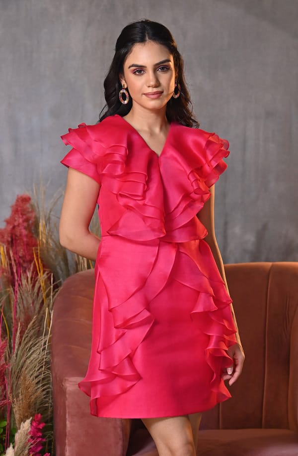 Hot Pink Ruffle Mini Dress — OMBRELLO