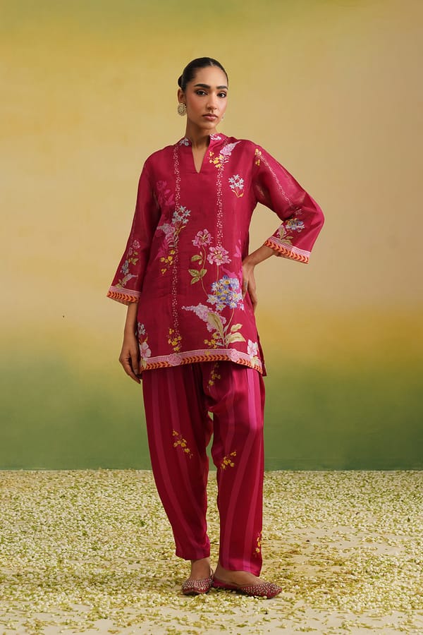 Pink Floral Shimmer Tissue Kurta Salwar Co-ord Set — INCHING INDIA