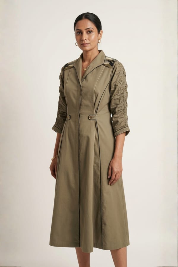 Army Green Cotton Button-Down Fit and Flare Midi Dress — Our Love