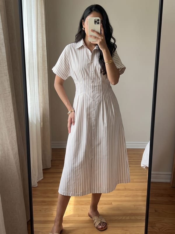Beige Stripe Pleated Midi Dress — Femmella
