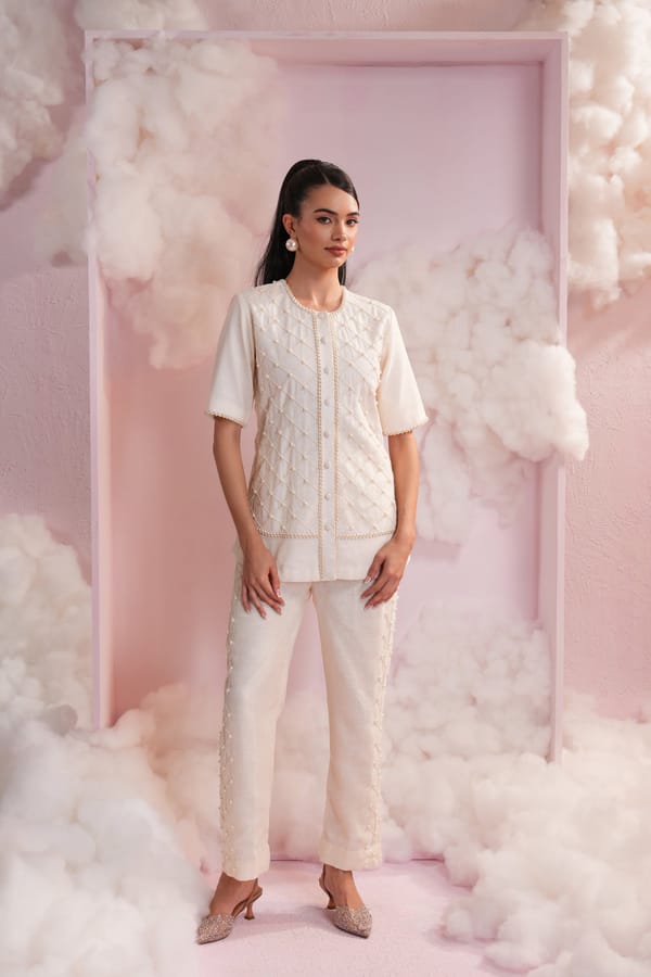 Cream Pearl Lattice Shirt and Pants Co-ord Set — Simar Tuli
