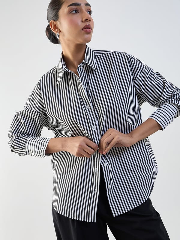 Black Stripe Cotton Oversized Shirt — Femmella
