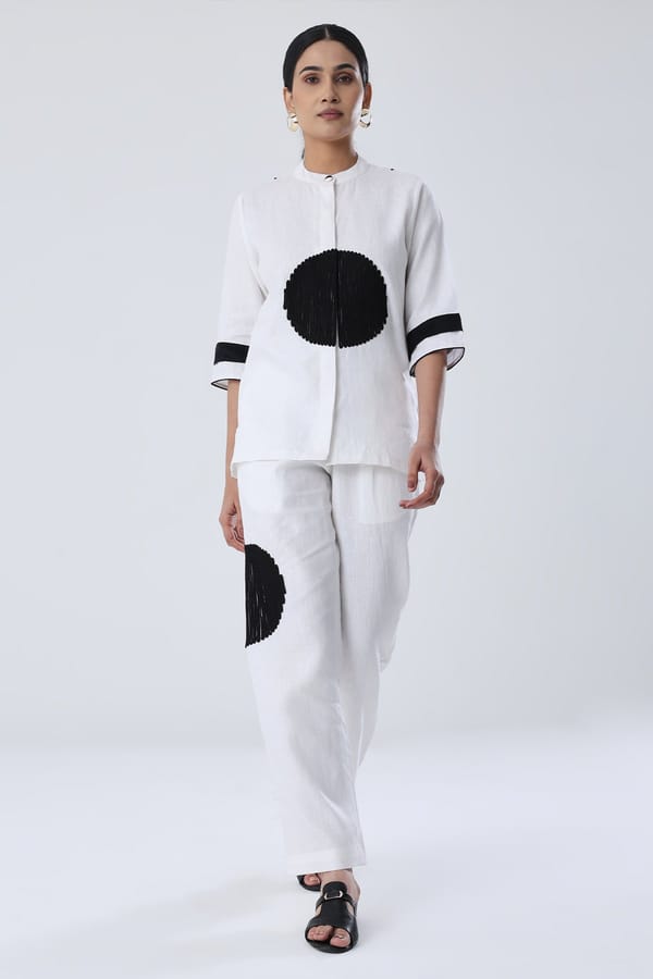 White Hemp Straight-Leg Trousers with Black Motif — SHIBUI