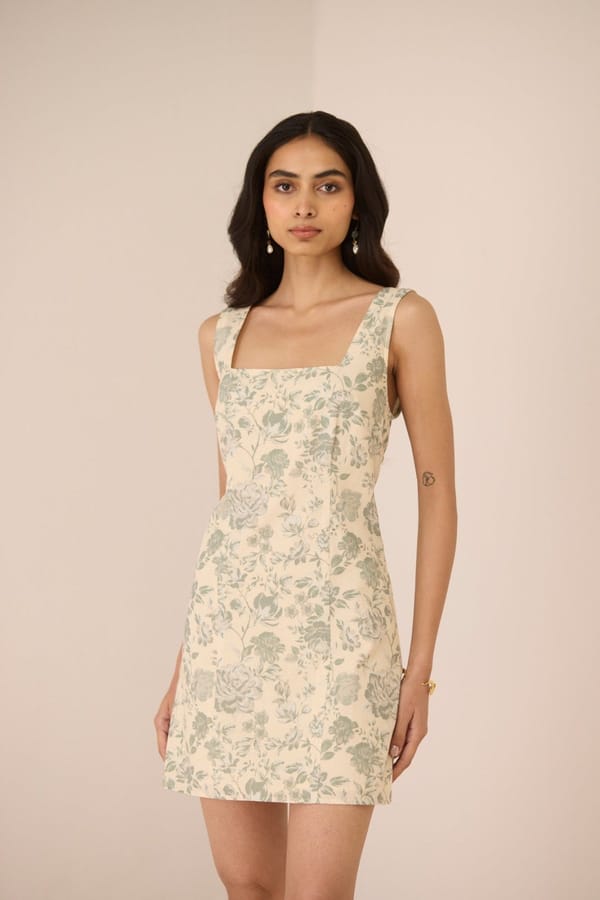 Wildflower Sage Cotton Linen Floral Mini Dress — Calling June