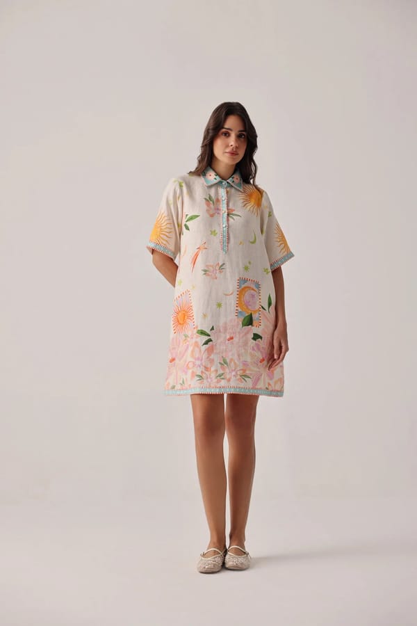 Azure Printed Linen-Lyocell Collared Mini Dress — SHOP NOIB