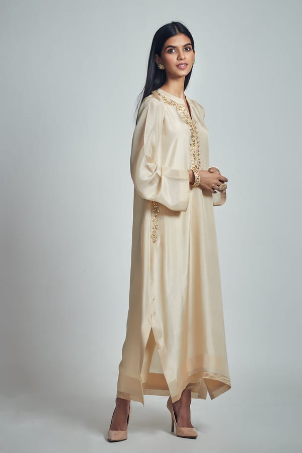 Soft Beige Habutai Silk Embroidered Choga Kurta — Sheetal Batra