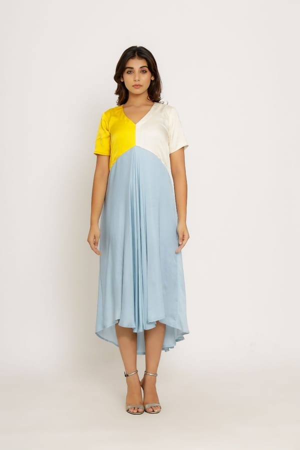 Yellow and Ice Blue Colorblocked V-Neck Midi Dress — Neora