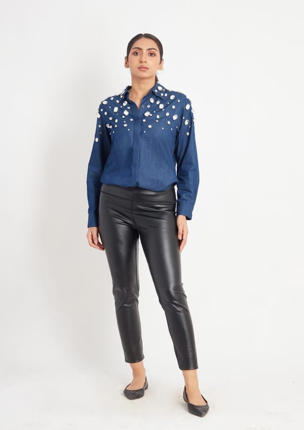 Denim Shirt with White Crystal Embroidery — Richa Goenka
