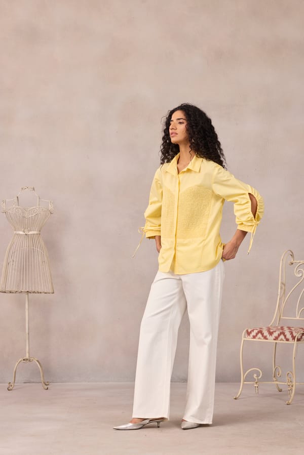 Lemon Sorbet Smocked Poplin Shirt with Ruched Sleeves — 63East