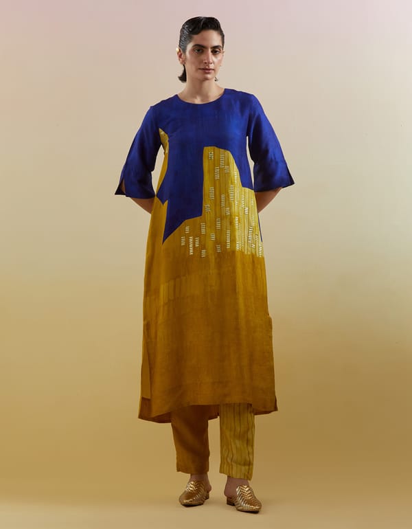 Blue and Mustard Colorblock Kurta Pant Co-ord Set — CLOS