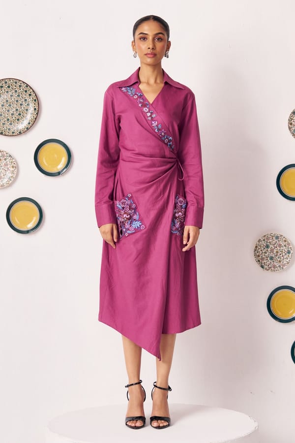 Purple Cotton Satin Embroidered Wrap Midi Dress — Western Era