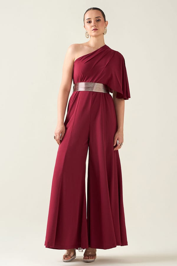 Wine Alloy Jumpsuit With Mettalic Finish Belt — Aakaar