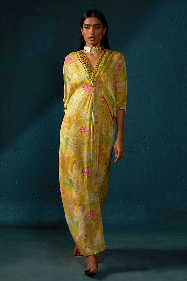 Yellow Floral Printed Long Kaftan with Embellished V-Neck — Basil Leaf