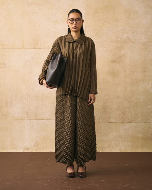 Brown Pleated Shirt and Wide-Leg Pants Co-ord Set — Pleats by Aruni