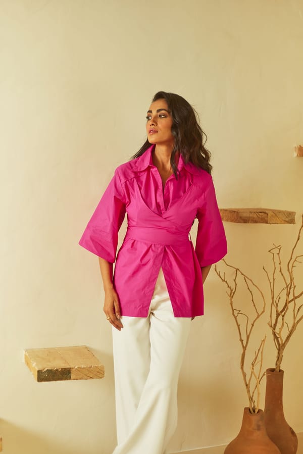Pink Poplin Wrap Shirt with Tie-Up Waist — Urban Suburban