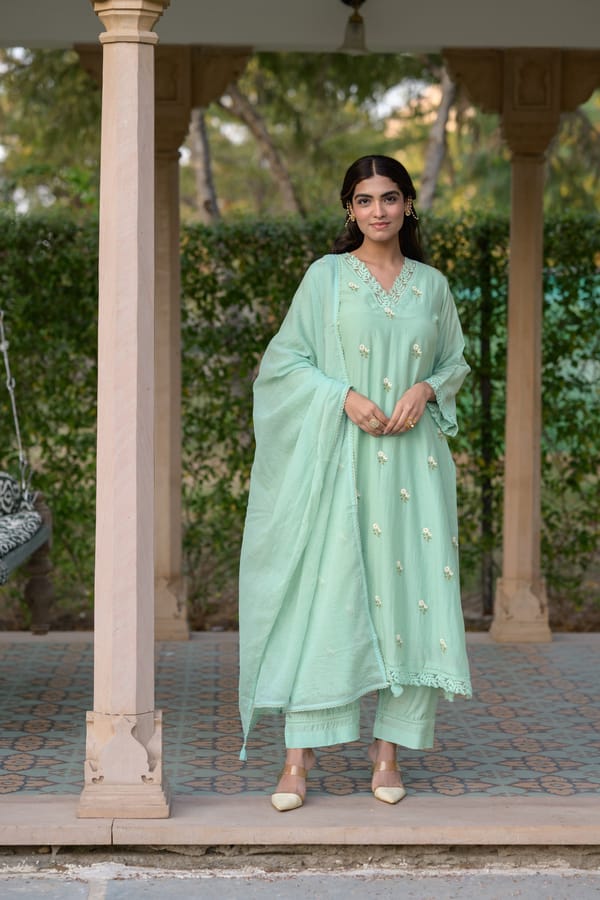 Light Turquoise Blue Mul Chanderi Thread Embroidery With lace on neck Suit Set with Kota Doriya Duppatta-SET OF-3 — MAHEE JAIPUR