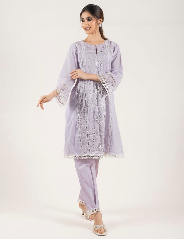 Lilac Cotton Cutwork Embroidered Kurta Set — INCHING INDIA