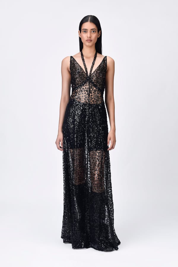 Black Sheer Embroidered Tulle Maxi Gown with Tie-Up Neck — Genes Lecoanet Hemant