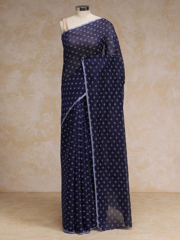 Navy Blue Cotton Saree White Butti Print Rozaana — BINKS