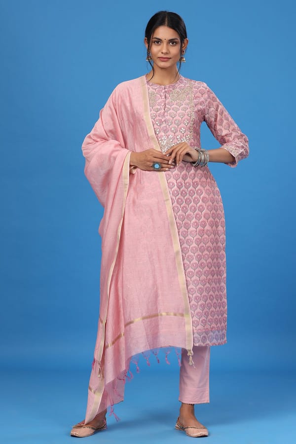 Carnation Handblock Print Chanderi Gota Work — Kameez