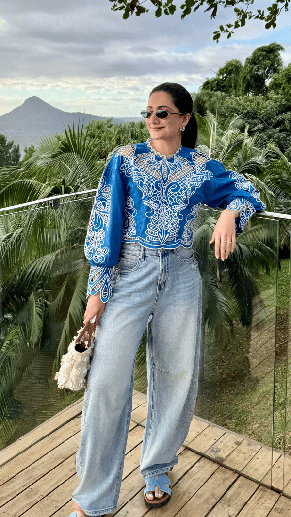 Blue Cotton Cutwork Embroidered Crop Top — Style Island