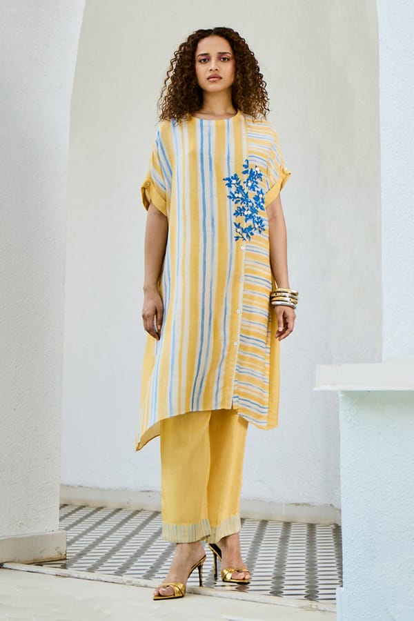 Yellow Striped Kurta Set with Blue Floral Motif — Basil Leaf