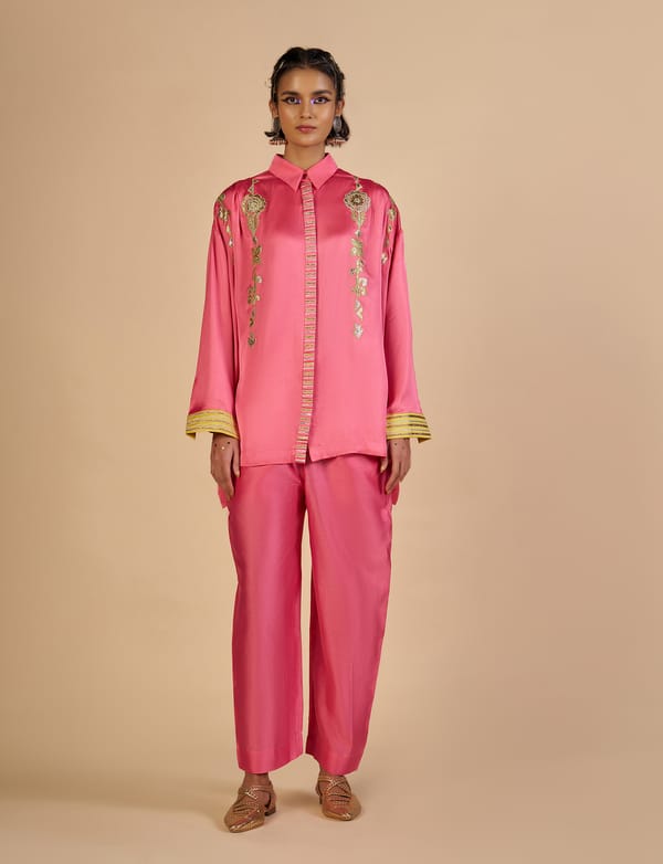 Pink Silk Chanderi Straight-Leg Trousers with Gota Detail — Gulabo by Abu Sandeep