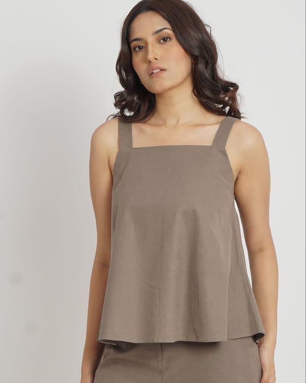Taupe Cotton Square Neck Strap Top with Back Buttons — Loma Naturally