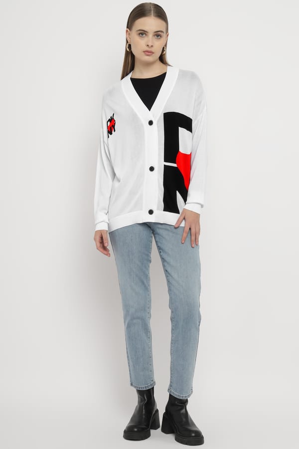 White Colorblock Graphic Button-Up Longline Cardigan — DKNY