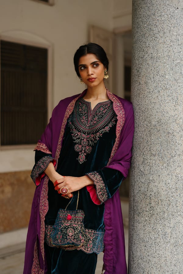 Teal Blue Velvet Embroidered Kurta Set with Organza Dupatta — INCHING INDIA