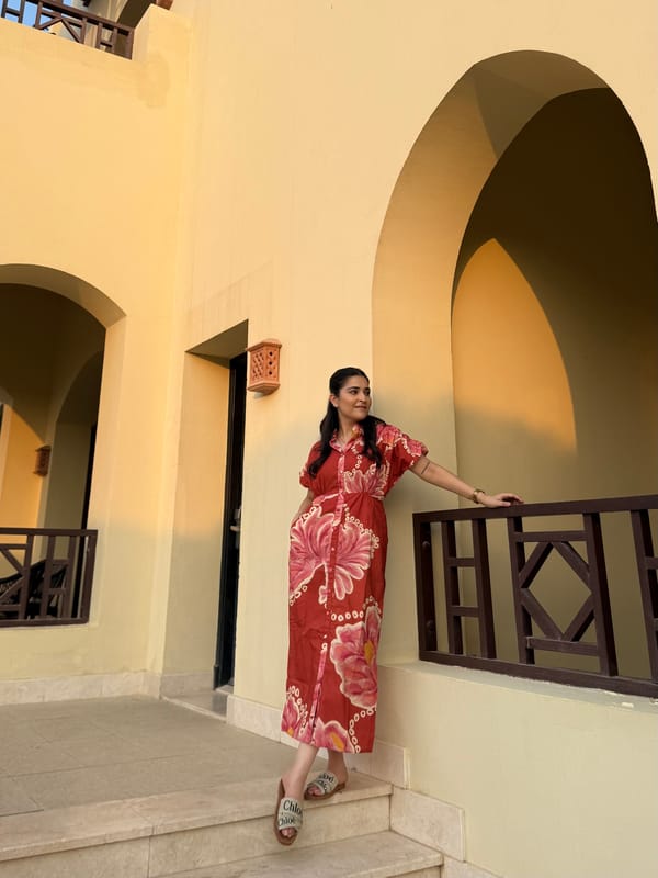 Red Pink Floral Printed Cotton Collared Midi Dress — GAIMA LABEL