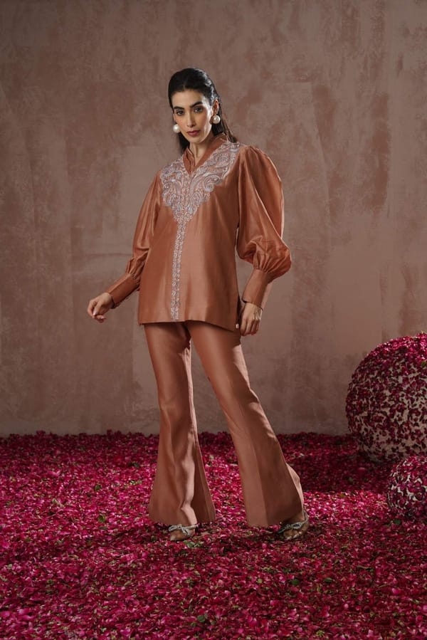 Rose Chanderi Silk Embroidered Co-ord Set — Simar Tuli