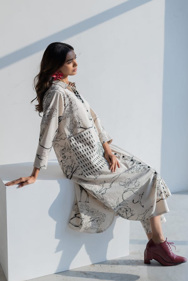 Off White Safari Print Button-Down Tunic Set — Silai studio