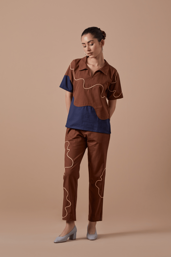 Brown Straight-Leg Cotton Twill Trousers with Dori Embroidery — SHIBUI