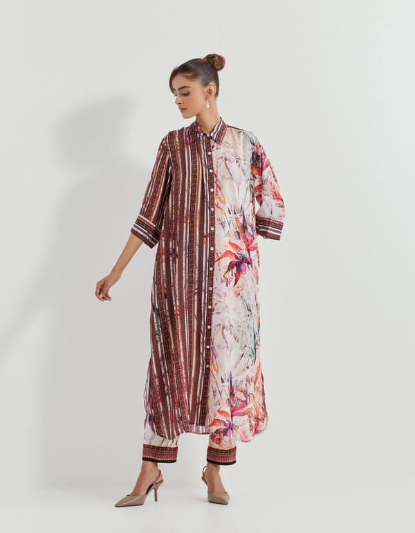 Pink Printed Button-Down Straight Kurta Set with Pants — Kavita Bhartia