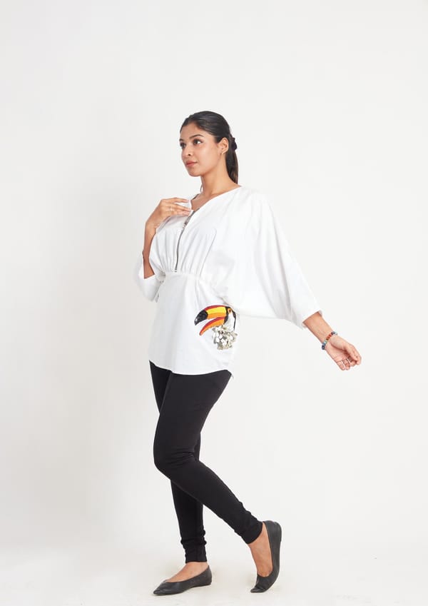 Toucan White Cotton Poncho — Richa Goenka