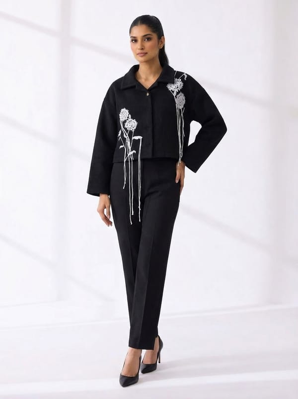 Black Cropped Button-Front Jacket with Floral Embroidery — AYRISS