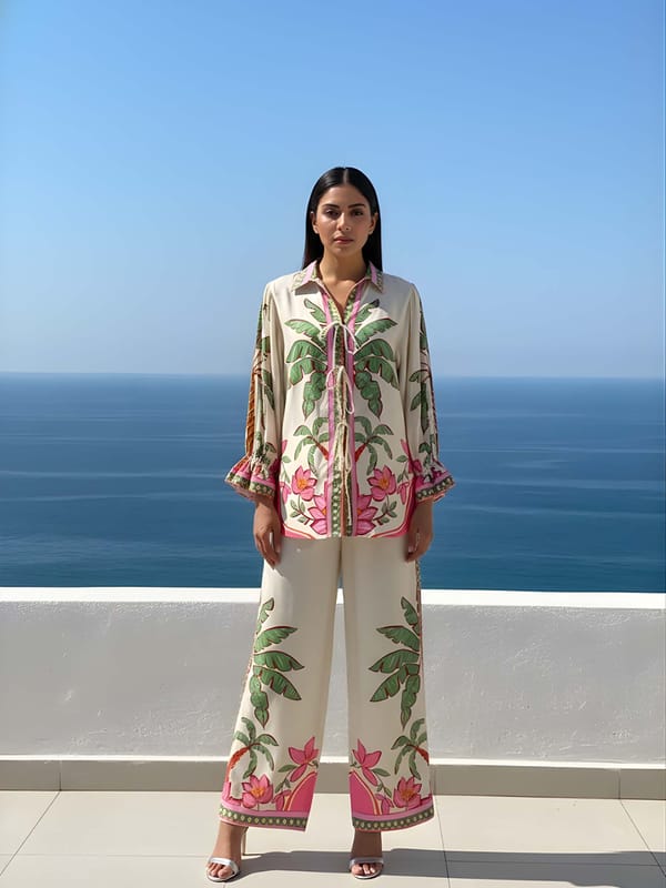 Cream Palm Print Shirt and Wide-Leg Pants Co-ord Set — POPPI