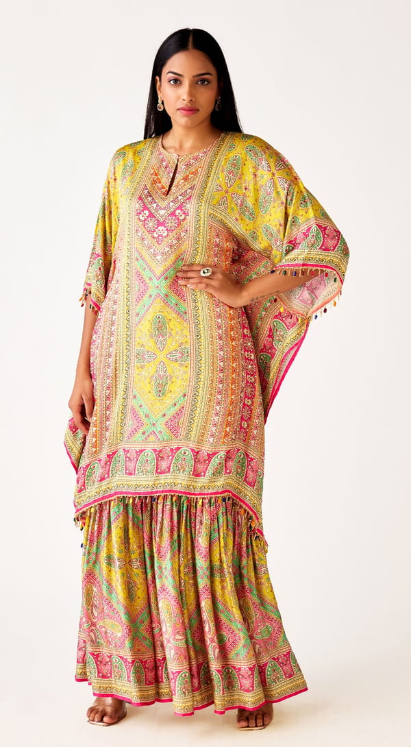 Satin Embroidered Kaftan Co-Ord Set — Basanti Kapde aur Koffee