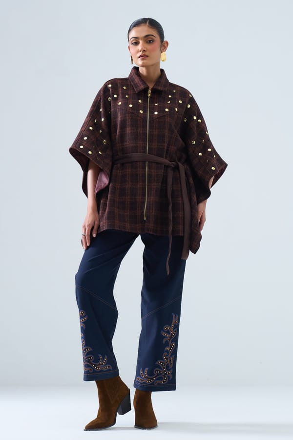Brown Checked Studded Belted Cape with Front Zip — STITCH STORIES