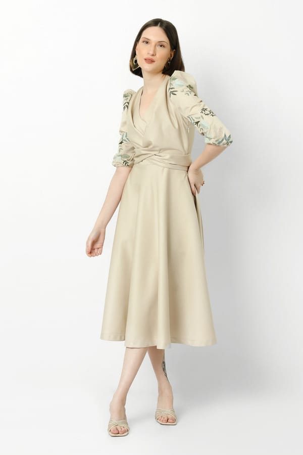 Oat Fit and Flare Midi Dress with Embroidered Sleeves — Our Love