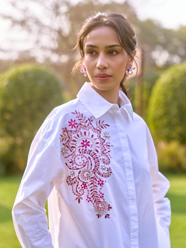 White Cotton Embroidered Button-Down Shirt — Style Island