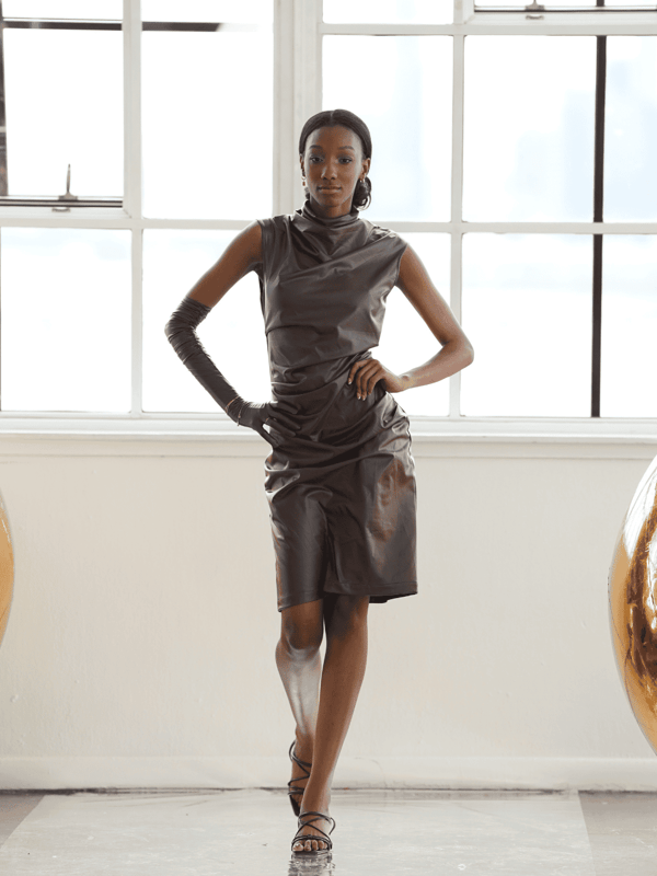 Mocha Faux Leather Draped Cowl Neck Midi Dress — Tara & I