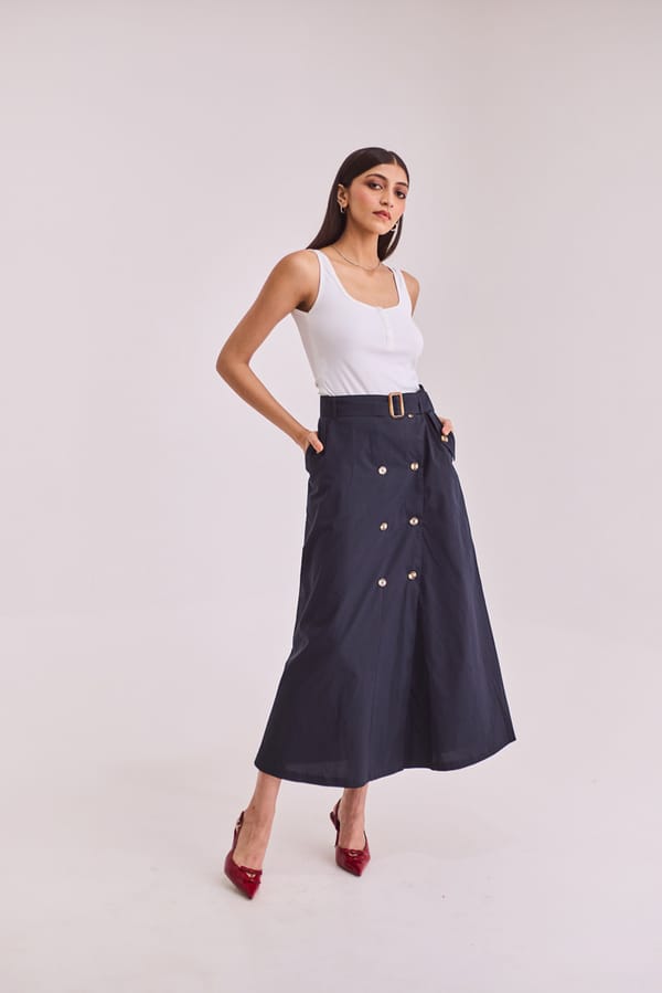 Navy Blue A-Line Midi Skirt with Belt and Button Front — Urban Suburban